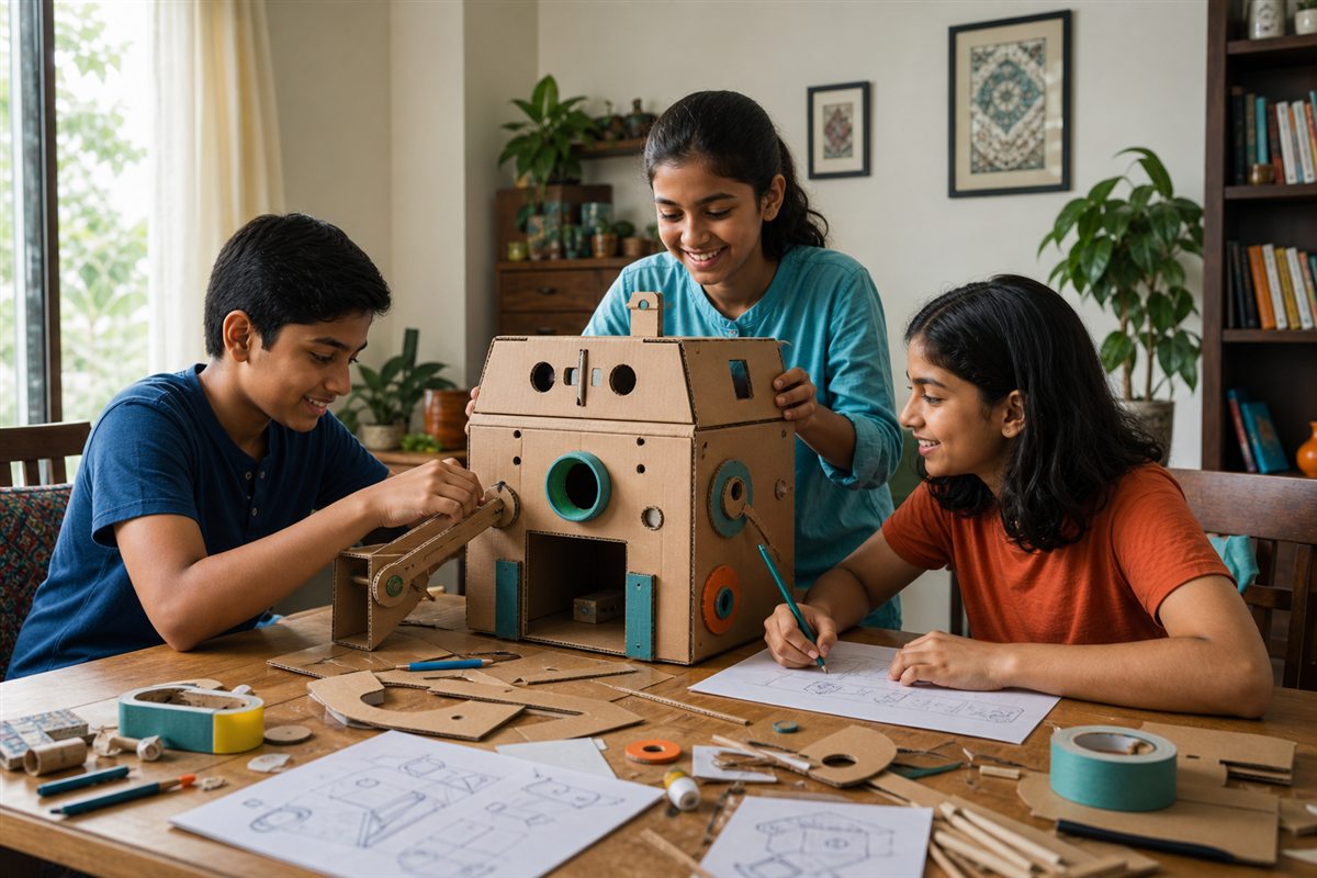 Young makers building creative projects from cardboard boxes